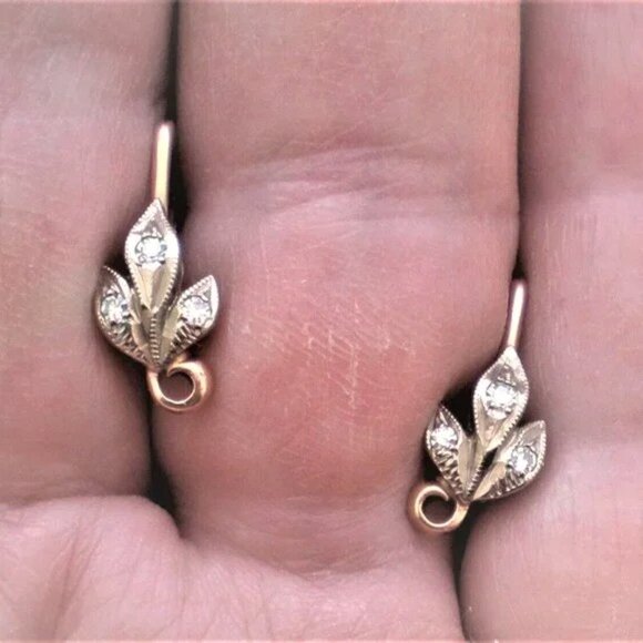 Vintage Soviet USSR Solid 14K 583 Rose Pink White Gold Diamond Pierced Earrings - Picture 7 of 7